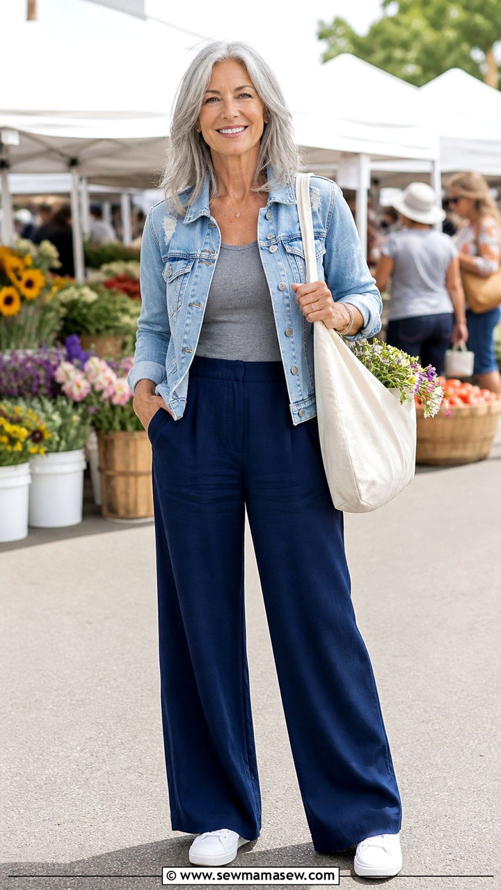 Denim Jacket With Soft Gray Cropped Top and Wide Leg Navy Pants - 40 Spring outfit ideas for women over 50 2026