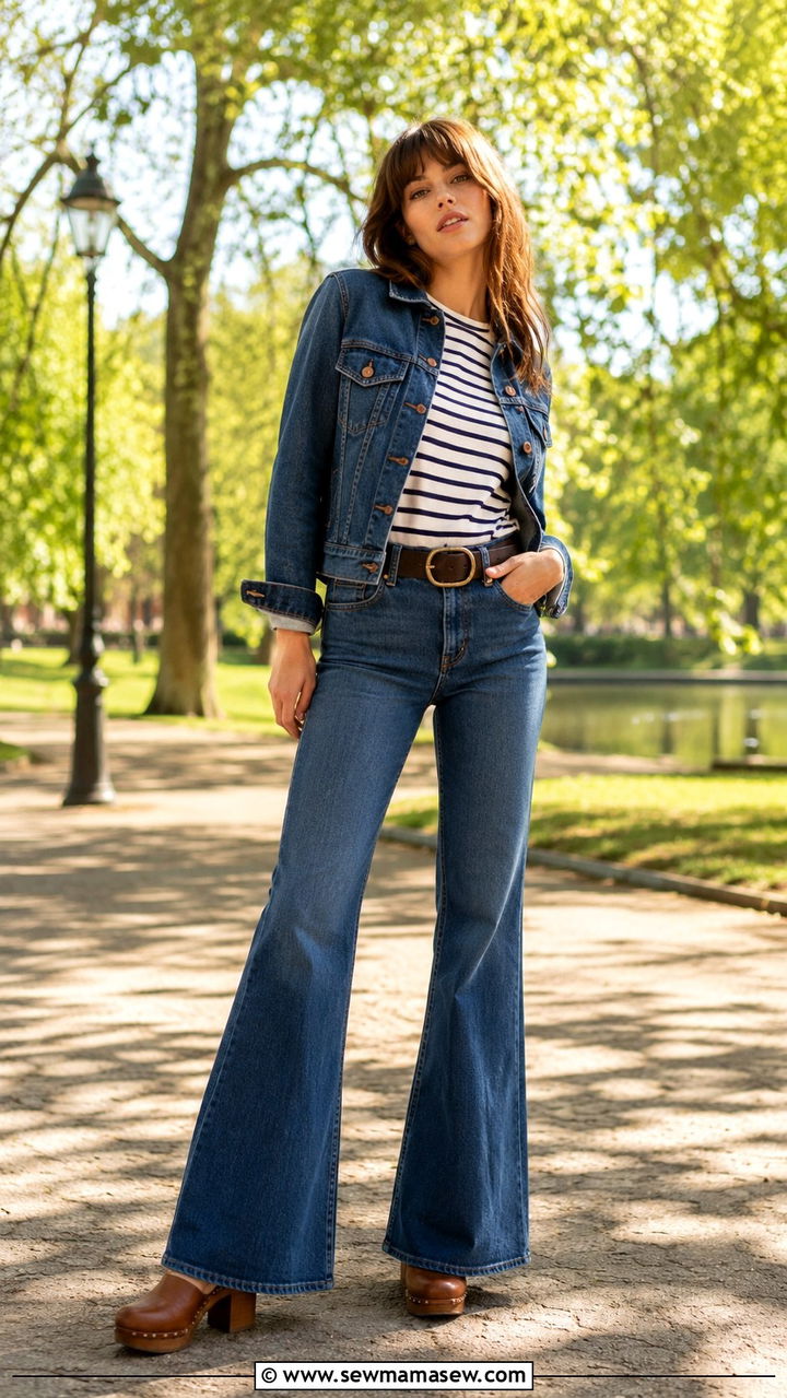 Denim Jacket With Striped Shirt And Flare Jeans - 30 Spring outfits with denim jacket