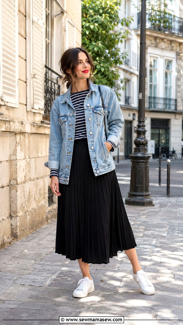 Denim Jacket With Striped Shirt And Midi Skirt Outfit - 30 Layering outfit ideas