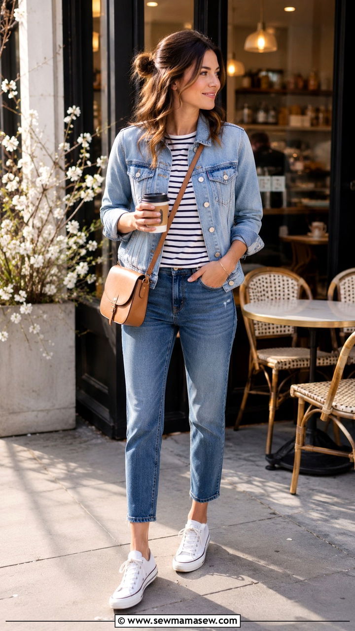 Denim Jacket With Striped Tee And Ankle Jeans - 30 spring denim jacket outfit ideas