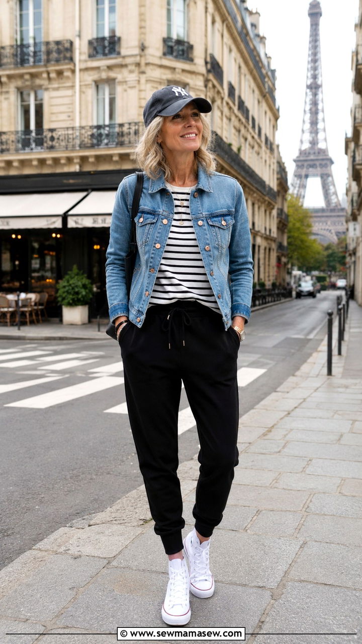 Denim Jacket With Striped Tee And Joggers Over 50 - 30 Outfit ideas for women over 50 sporty chic