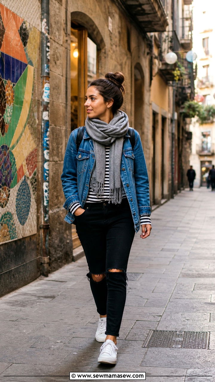 Denim Jacket With Striped Top And Ripped Jeans - 40 What to wear in Barcelona