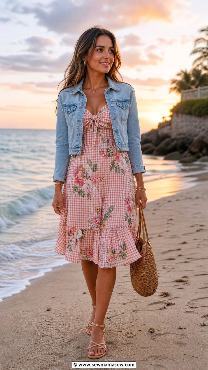 Denim Jacket With Sundress And Strappy Sandals - 30 Denim jacket outfit ideas with a dress