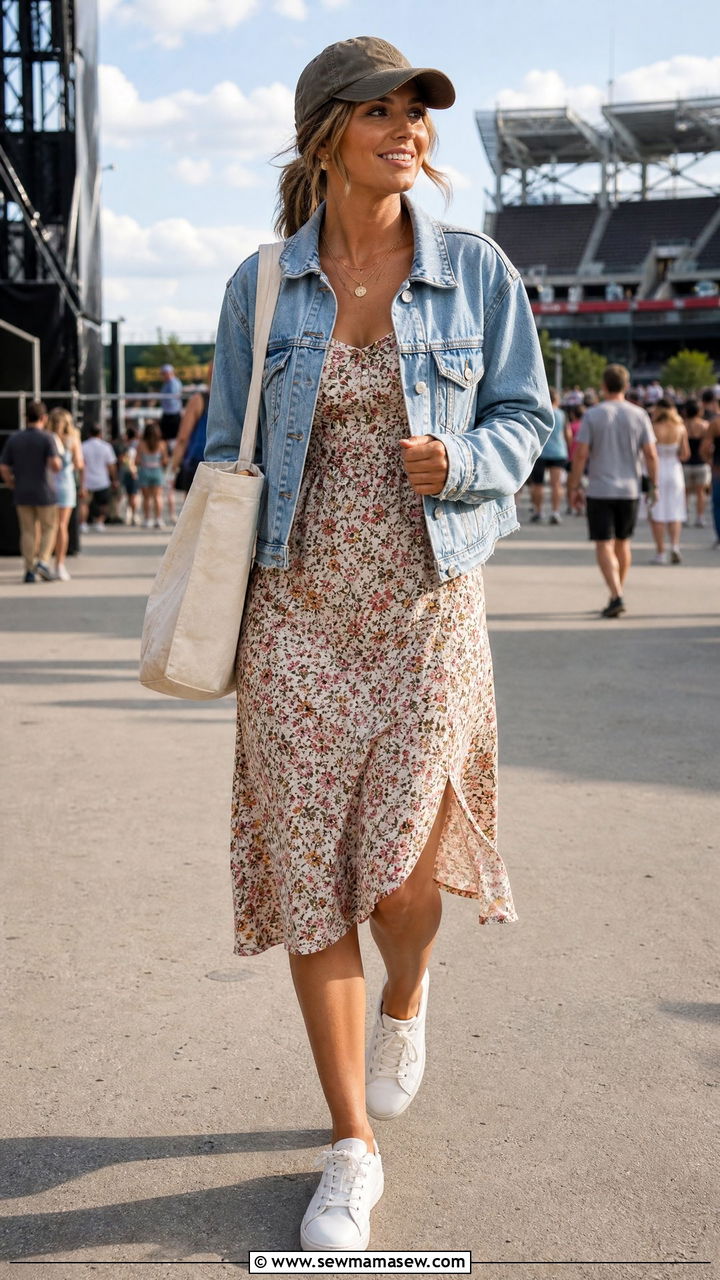 Denim Jacket With Sundress and Sneakers - 30 classy summer concert outfit ideas