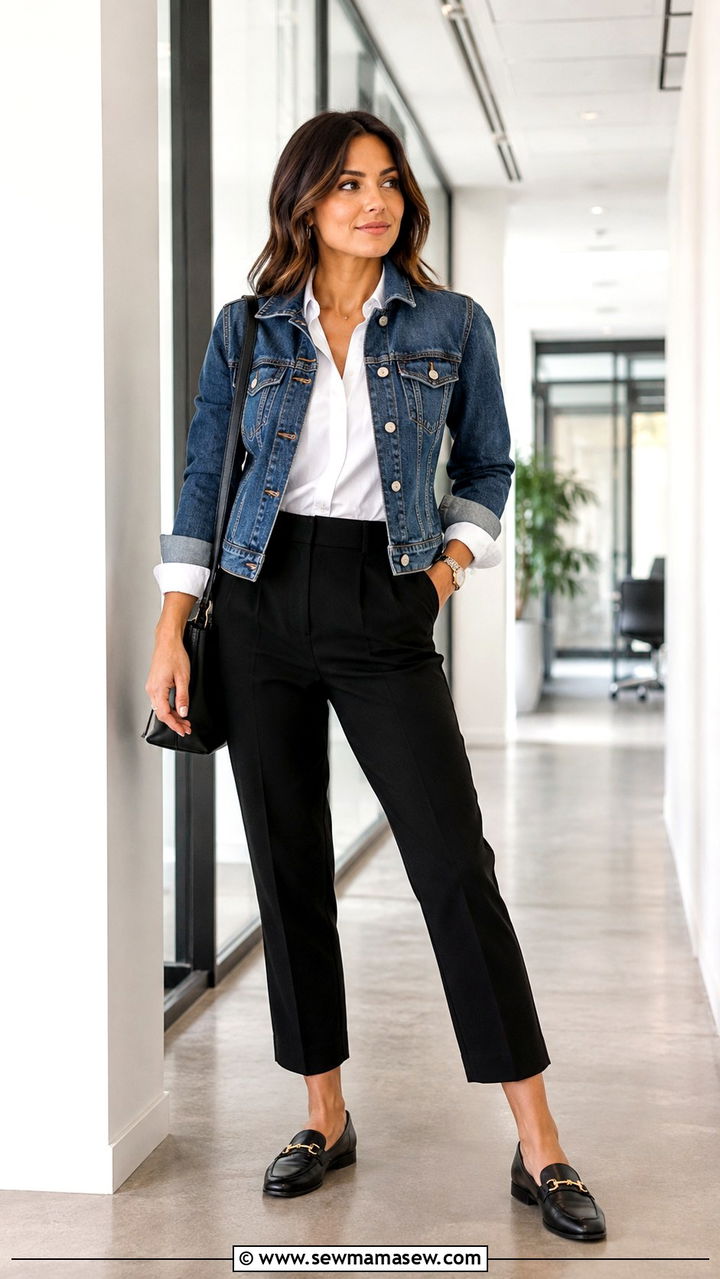 Denim Jacket With Tailored Trousers and Loafers - 30 Denim jacket outfit ideas for spring