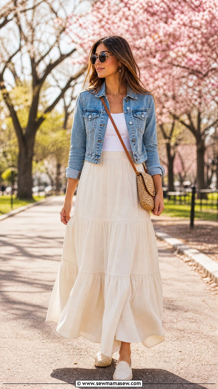 Denim Jacket With Tiered Maxi Skirt Outfit - 30 casual modest classy outfits