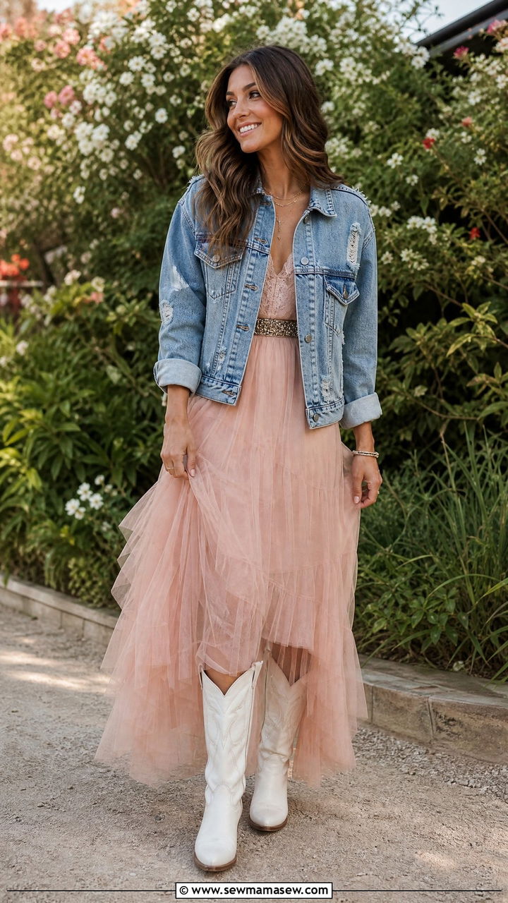 Denim Jacket With Tulle Skirt And Cowboy Boots - 30 Taylor Swift concert outfit ideas