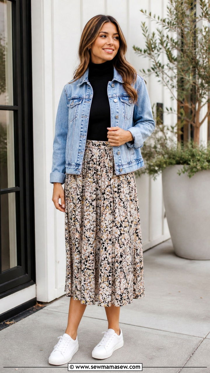 Denim Jacket With Turtleneck And Midi Skirt Sneakers - 40 cute sneaker outfits