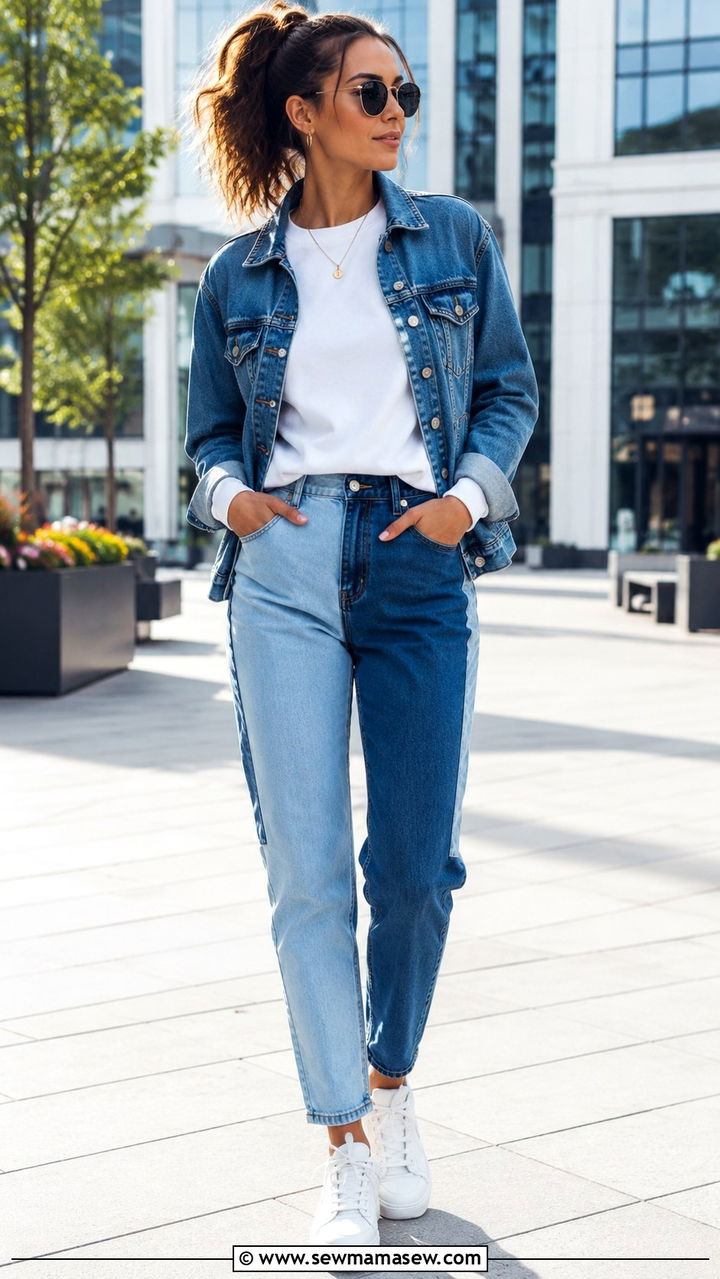 Denim Jacket With Two Tone Jeans And White Sneakers - 30 Denim jacket and jeans outfit ideas