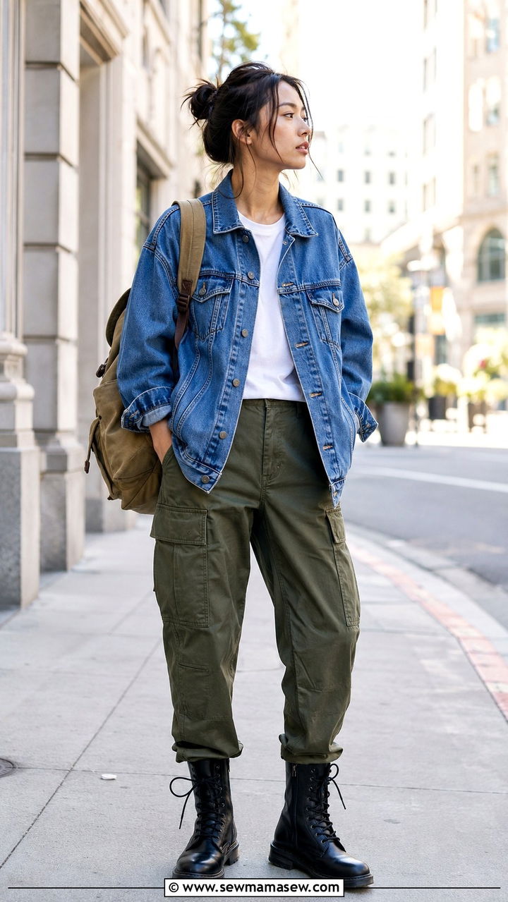 Denim Jacket With Utility Pants And Combat Boots - 30 Spring outfits with denim jacket