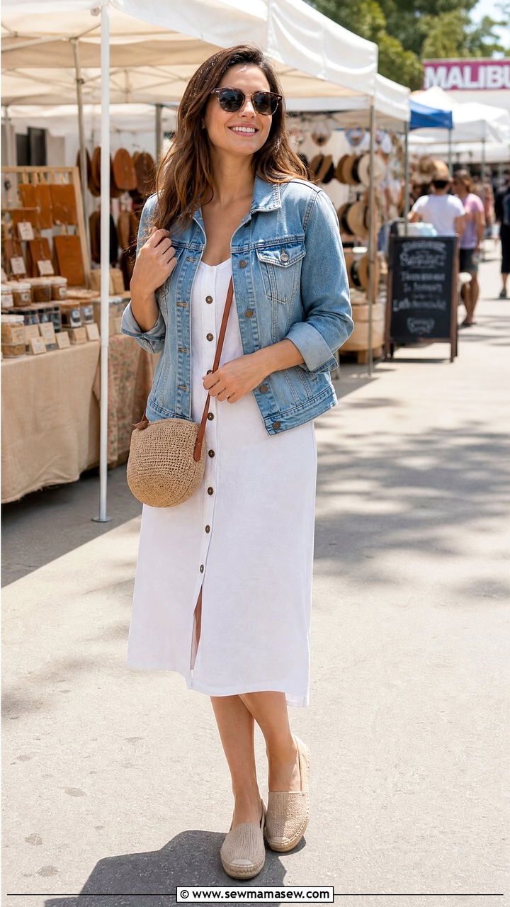 Denim Jacket With White Cotton Dress and Espadrilles - 40 French girl outfits ideas