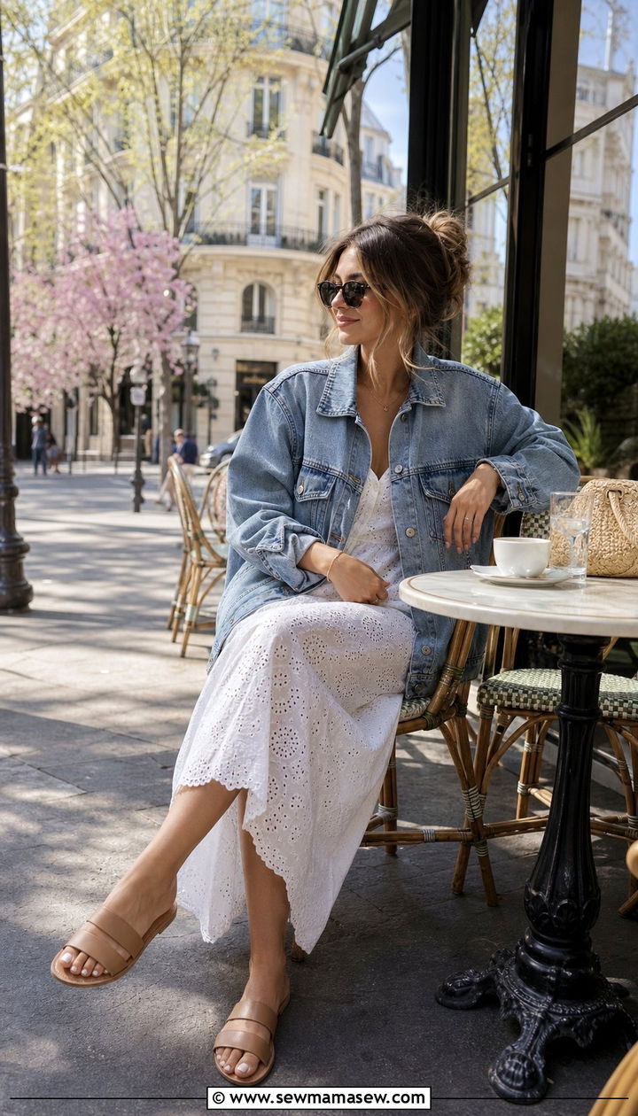 Denim Jacket With White Dress And Neutral Sandals - 25 Spring week in Paris outfits