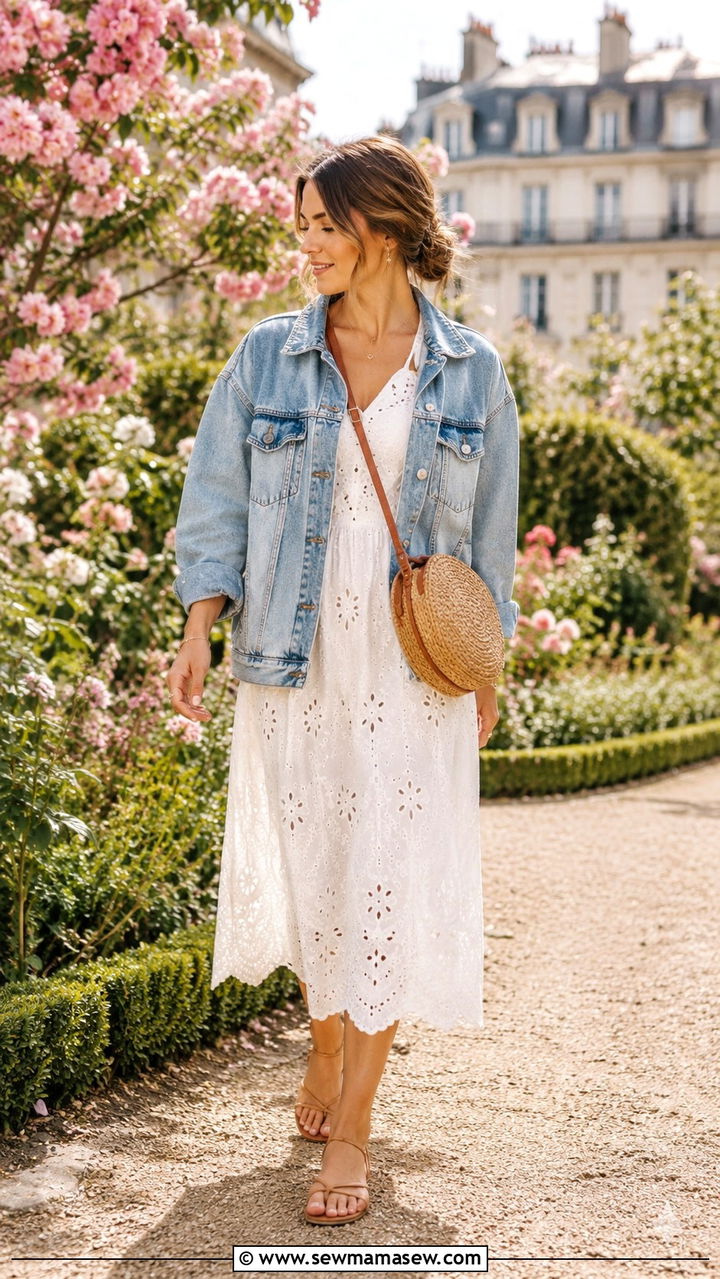 Denim Jacket With White Eyelet Dress - 30 Parisian spring outfits