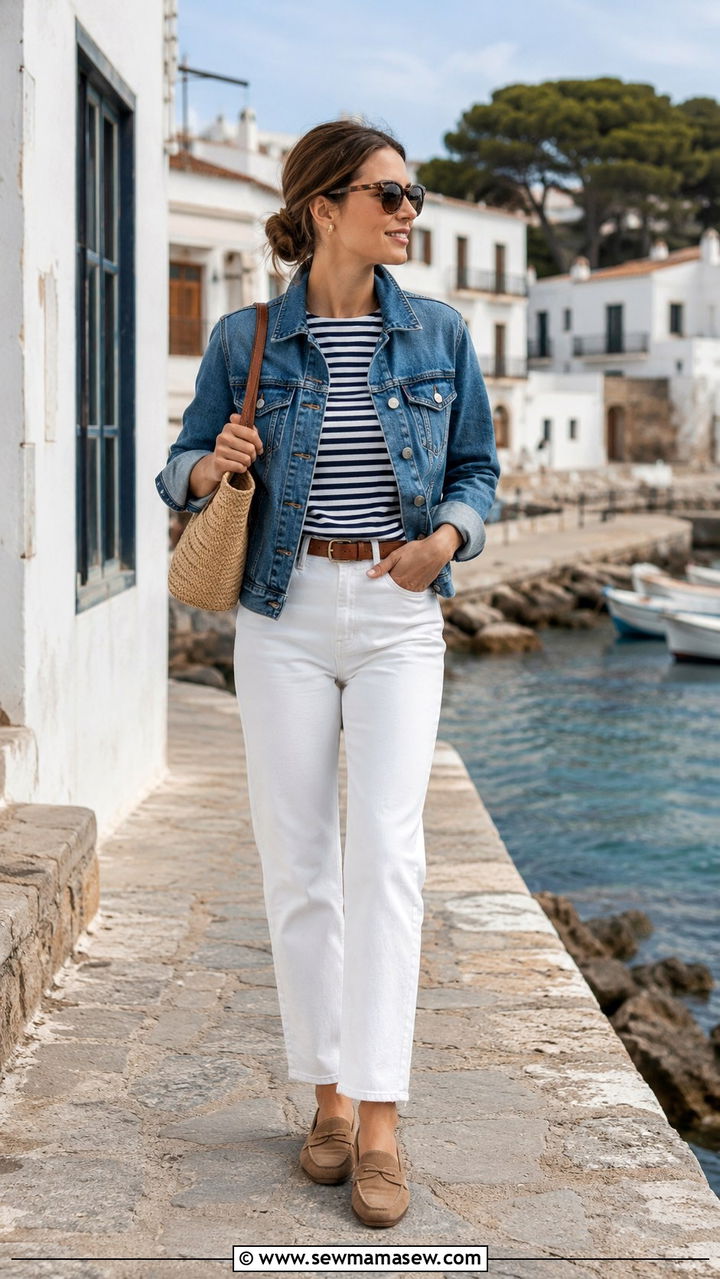 Denim Jacket With White Jeans And Striped Top Travel Outfit - 30 How to style a denim jacket for travel