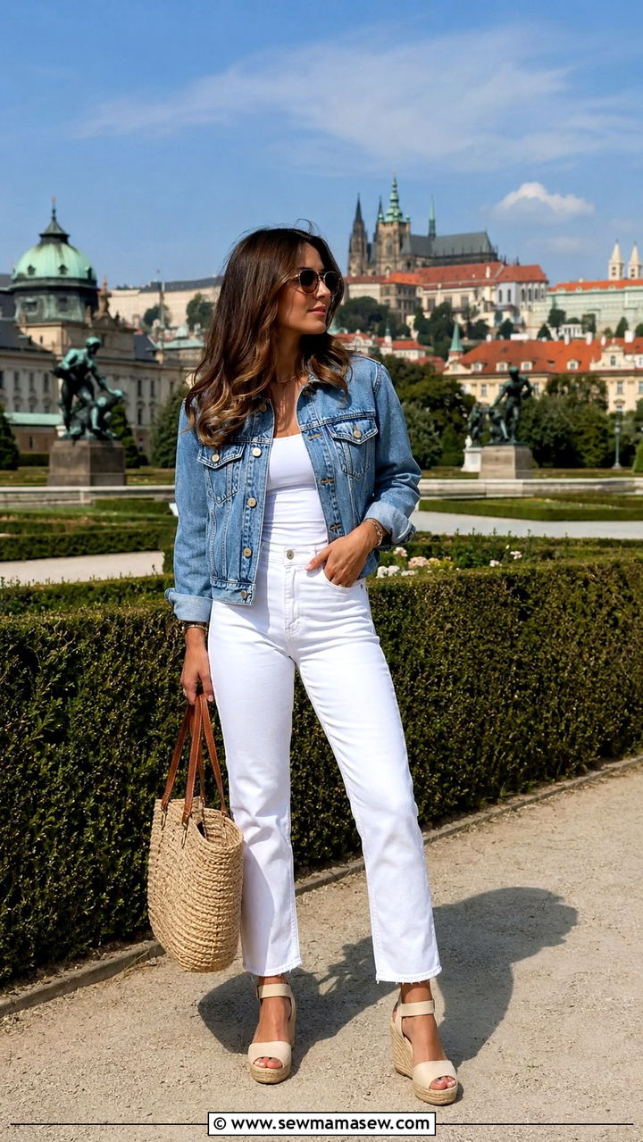 Denim Jacket With White Jeans and Espadrilles Outfit - 25 Prague outfit ideas