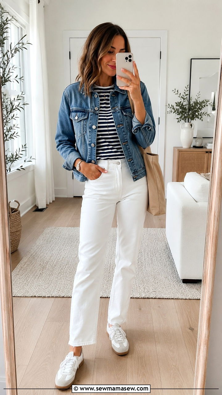 Denim Jacket With White Jeans and Striped Tee - 30 Denim jacket outfit ideas for spring
