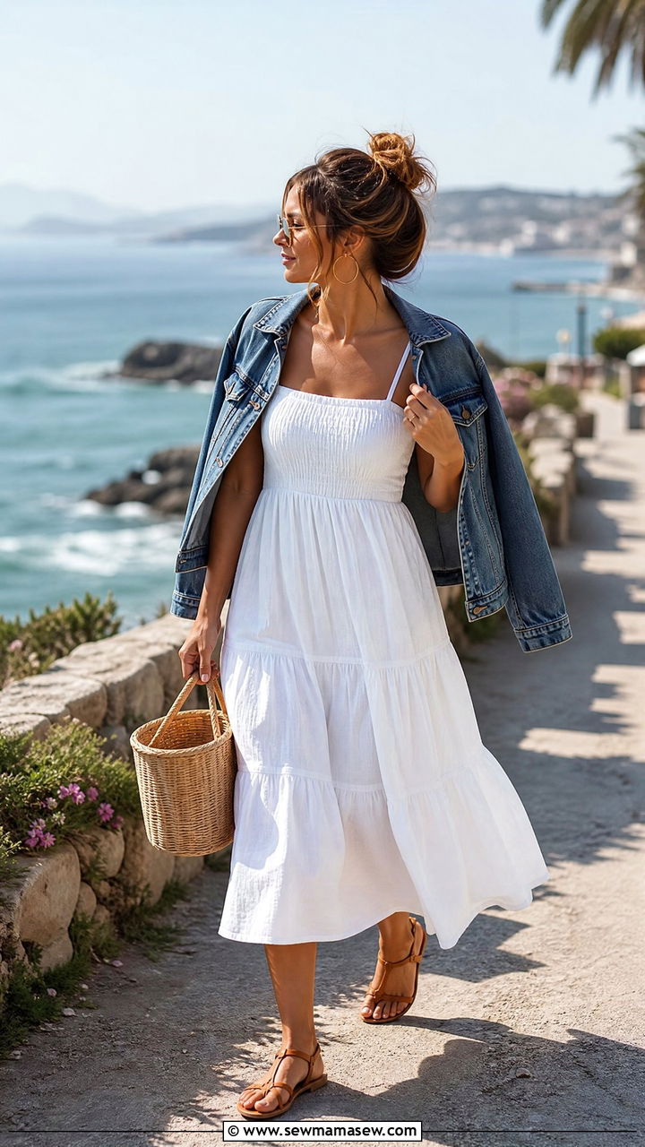 Denim Jacket With White Sundress and Strappy Sandals Messy Bun - 25 French girl outfit ideas with messy bun