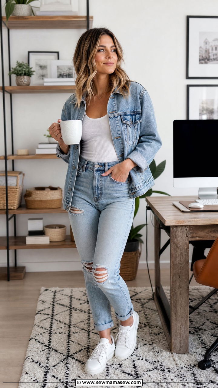 Denim Jacket With White Tank And Ripped Jeans Outfit - 40 Work from home outfits