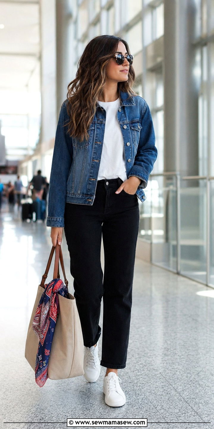 Denim Jacket With White Tee And Black Jeans - 35 Airport outfit ideas with sneakers