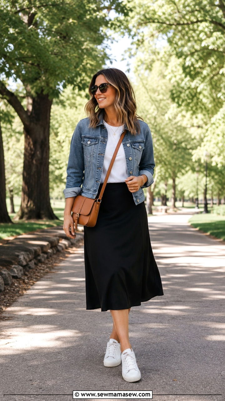 Denim Jacket With White Tee And Black Midi Skirt - 30 casual minimalist outfits