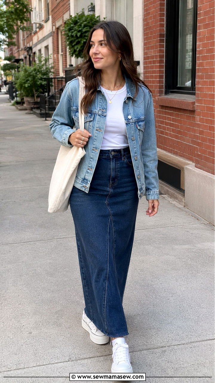 Denim Jacket With White Tee And Long Denim Skirt And Sneakers - 30 Long denim skirt outfit ideas summer