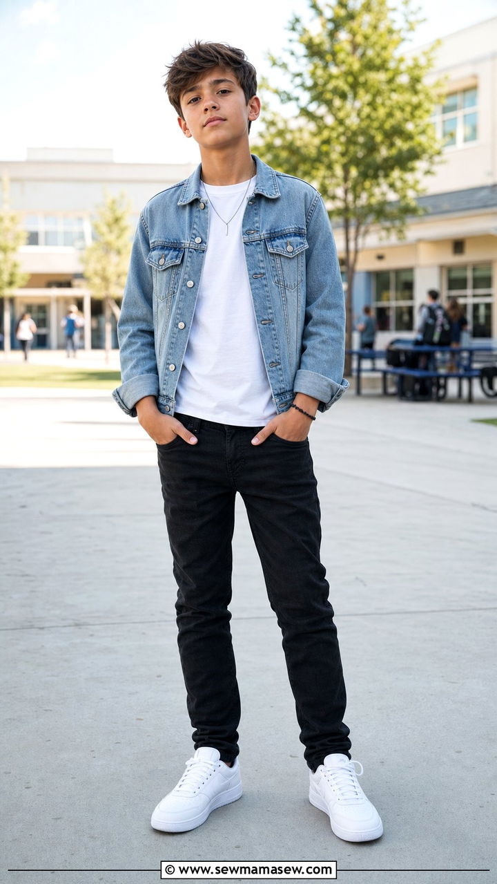Denim Jacket With White Tee and Black Jeans - 35 Back to school outfit ideas 7th grade