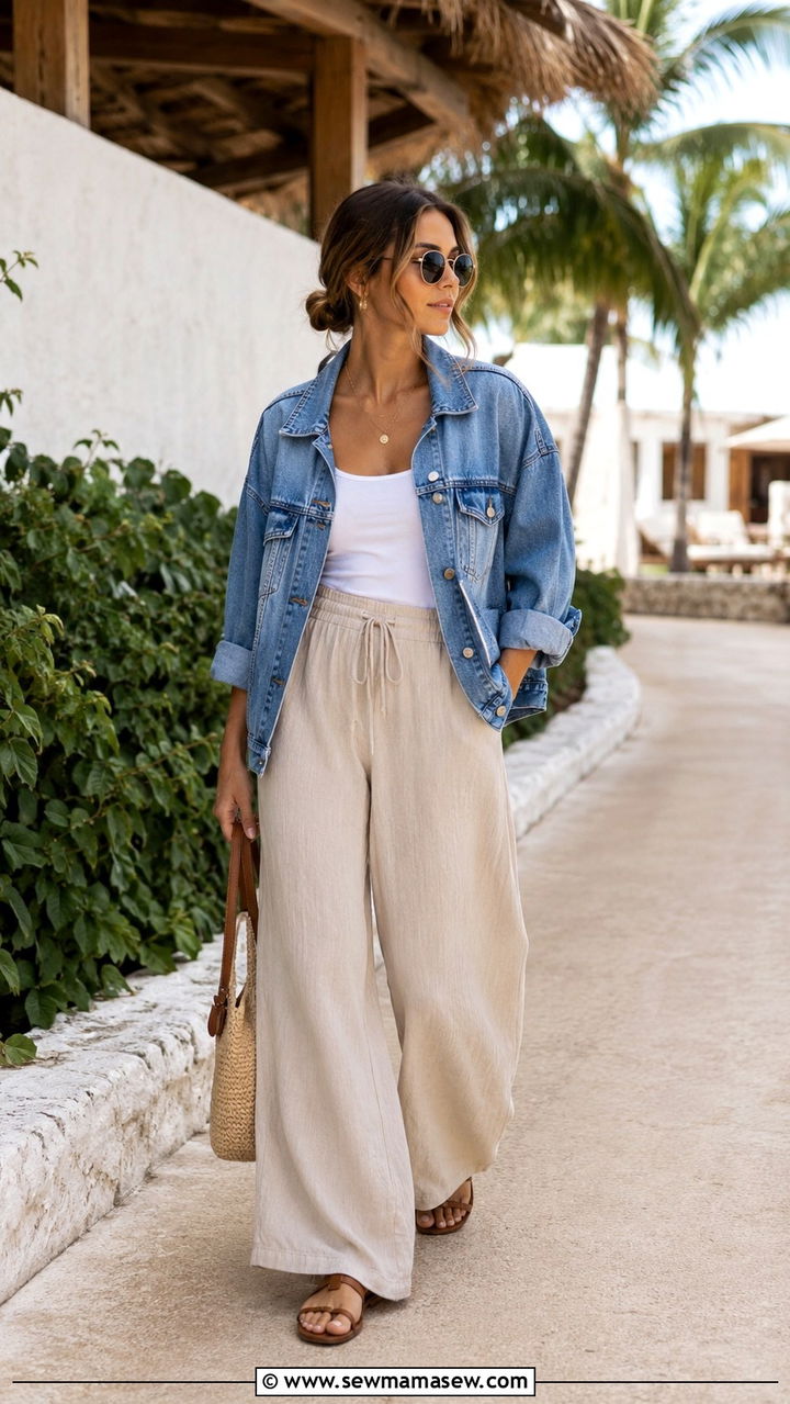 Denim Jacket With Wide Leg Linen Pants And Tank Top Travel Outfit - 30 How to style a denim jacket for travel