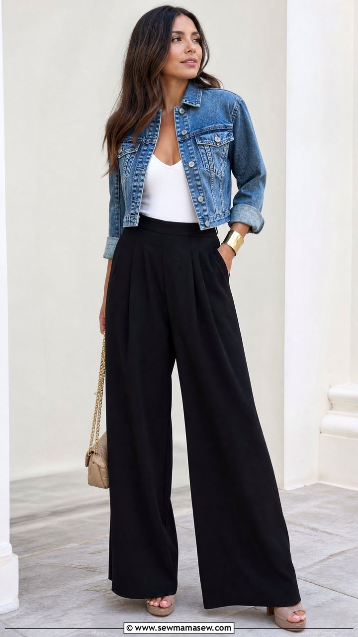 Denim Jacket With Wide Leg Pants And Bodysuit - 35 How to style a denim jacket for a wedding