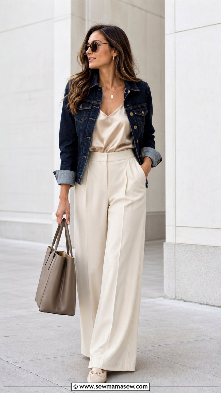 Denim Jacket With Wide Leg Trousers Outfit - 30 spring denim jacket outfit ideas