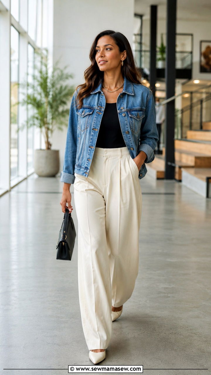 Denim Jacket With Wide Leg Trousers and Pointed Toe Flats - 30 Denim jacket outfit ideas for spring