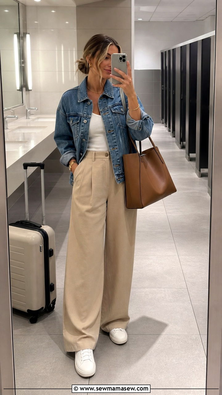 Denim Jacket With Wide Leg Trousers - 40 summer airport outfit ideas