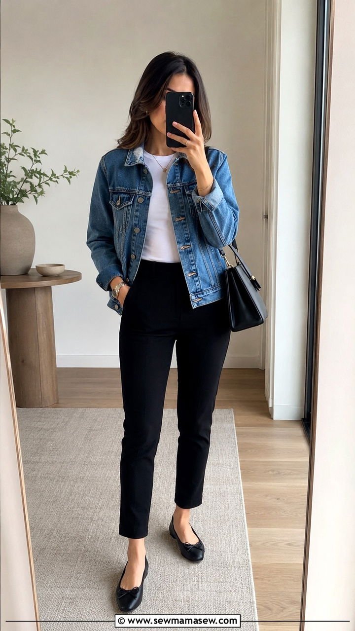 Denim Jacket With a Crisp White Tee and Black Ankle Pants - 30 Light jacket weather outfit ideas