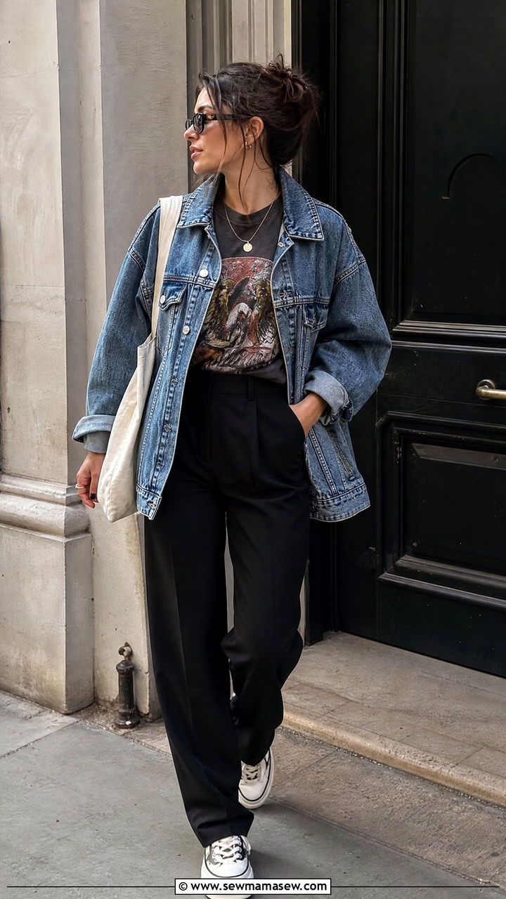 Denim Jacket With a Graphic Tee and Trousers - 25 Grad student outfit ideas