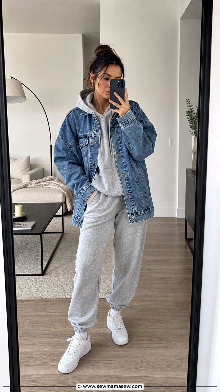 Denim Jacket With a Hoodie and Joggers - 25 chic denim jacket outfit ideas