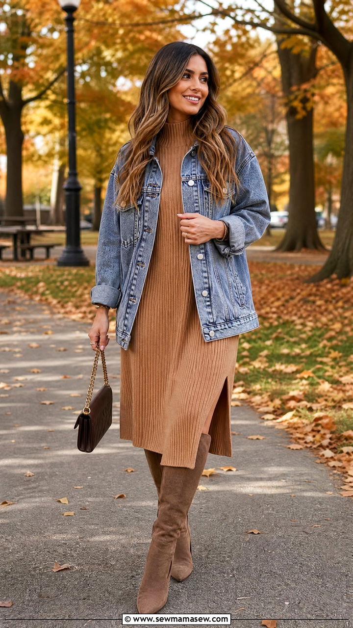 Denim Jacket With a Sweater Dress - 25 chic denim jacket outfit ideas