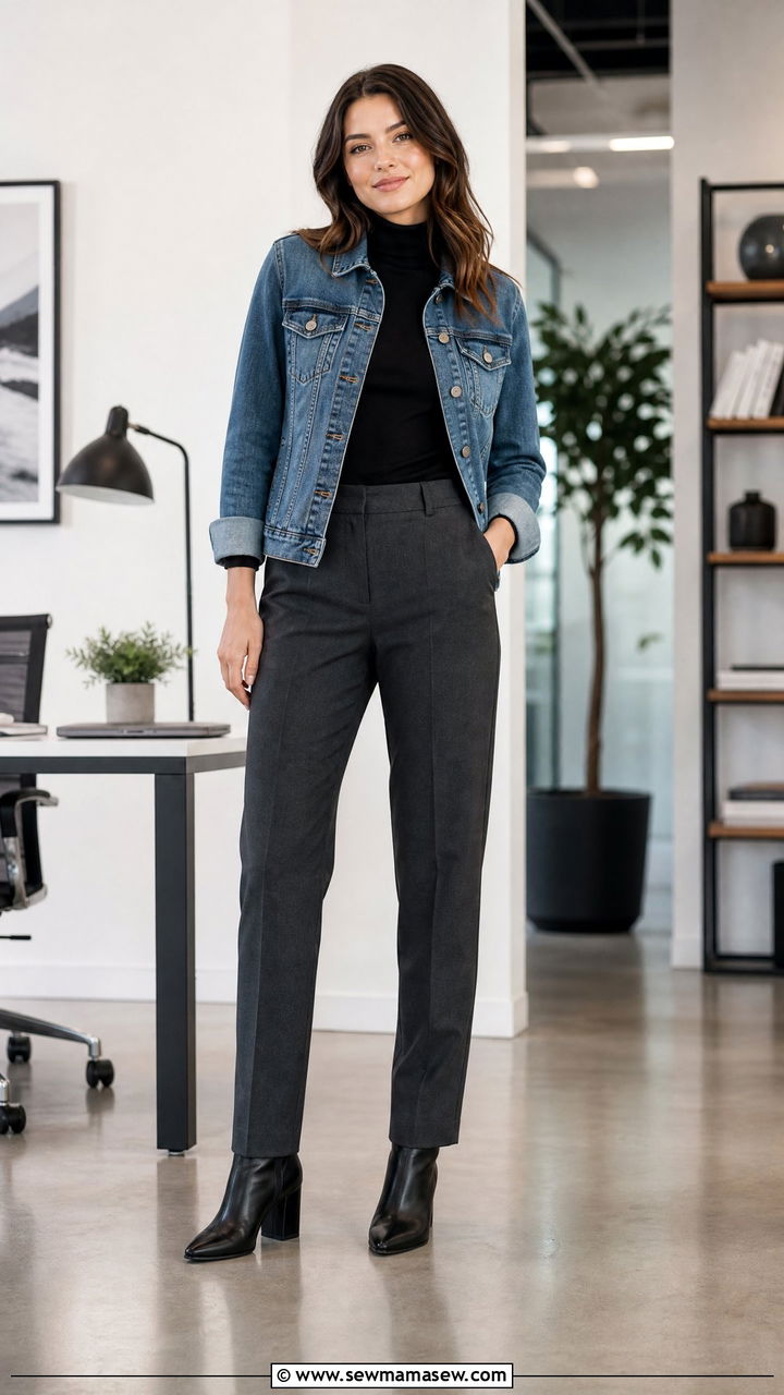 Denim Jacket With a Turtleneck and Trousers - 25 chic denim jacket outfit ideas