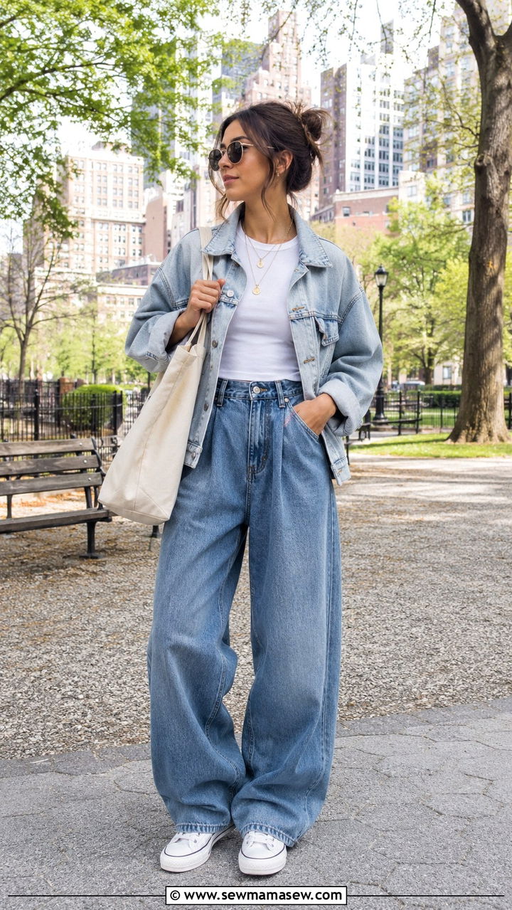 Denim Jacket and Balloon Jeans Double Denim Look - 25 balloon pants outfits aesthetic