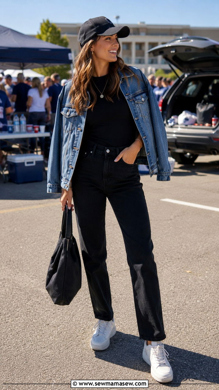 Denim Jacket and Black Jeans Outfit - 30 Tailgate outfit ideas for college