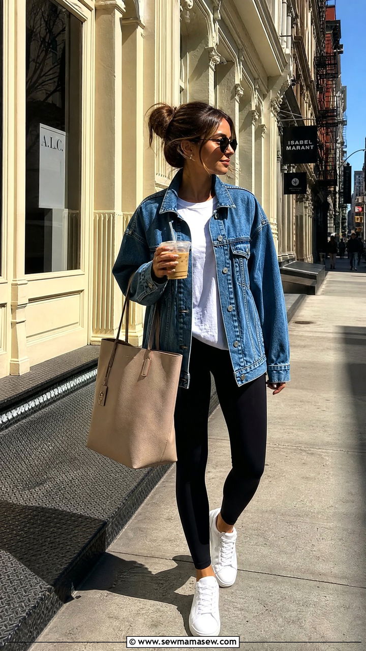 Denim Jacket and Black Leggings Outfit - 30 casual streetwear outfits