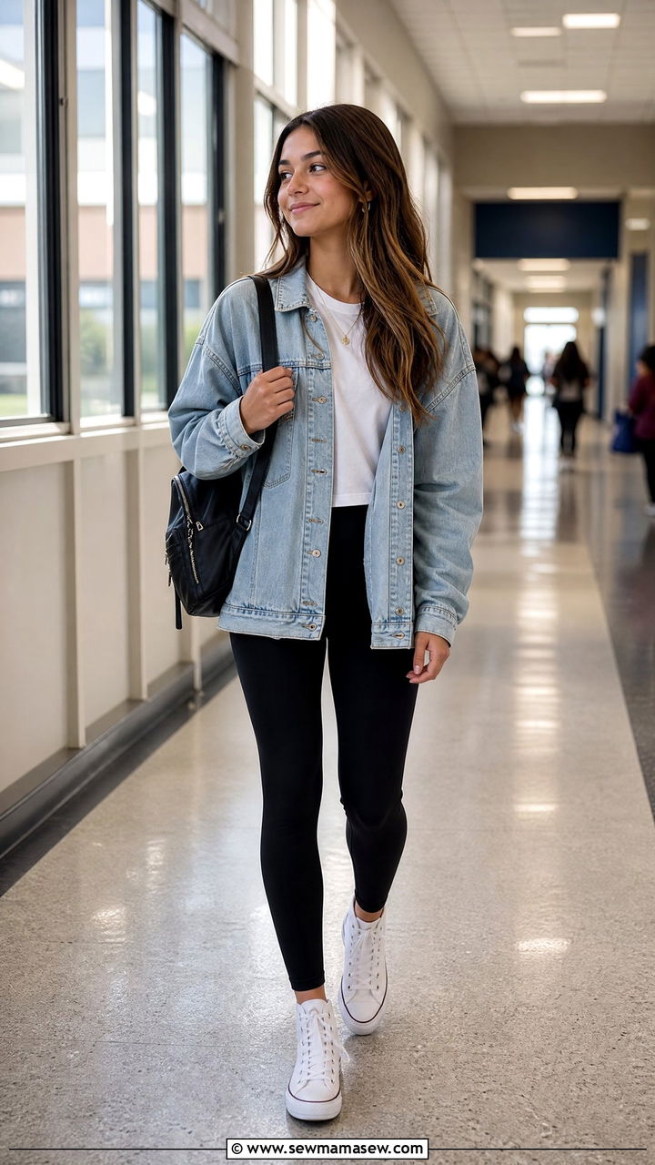 Denim Jacket and Black Leggings Outfit - 25 First day of high school outfit ideas