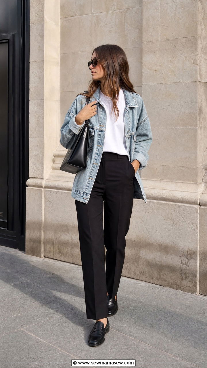 Denim Jacket and Black Tailored Trousers Outfit - 30 minimalist capsule wardrobe outfits