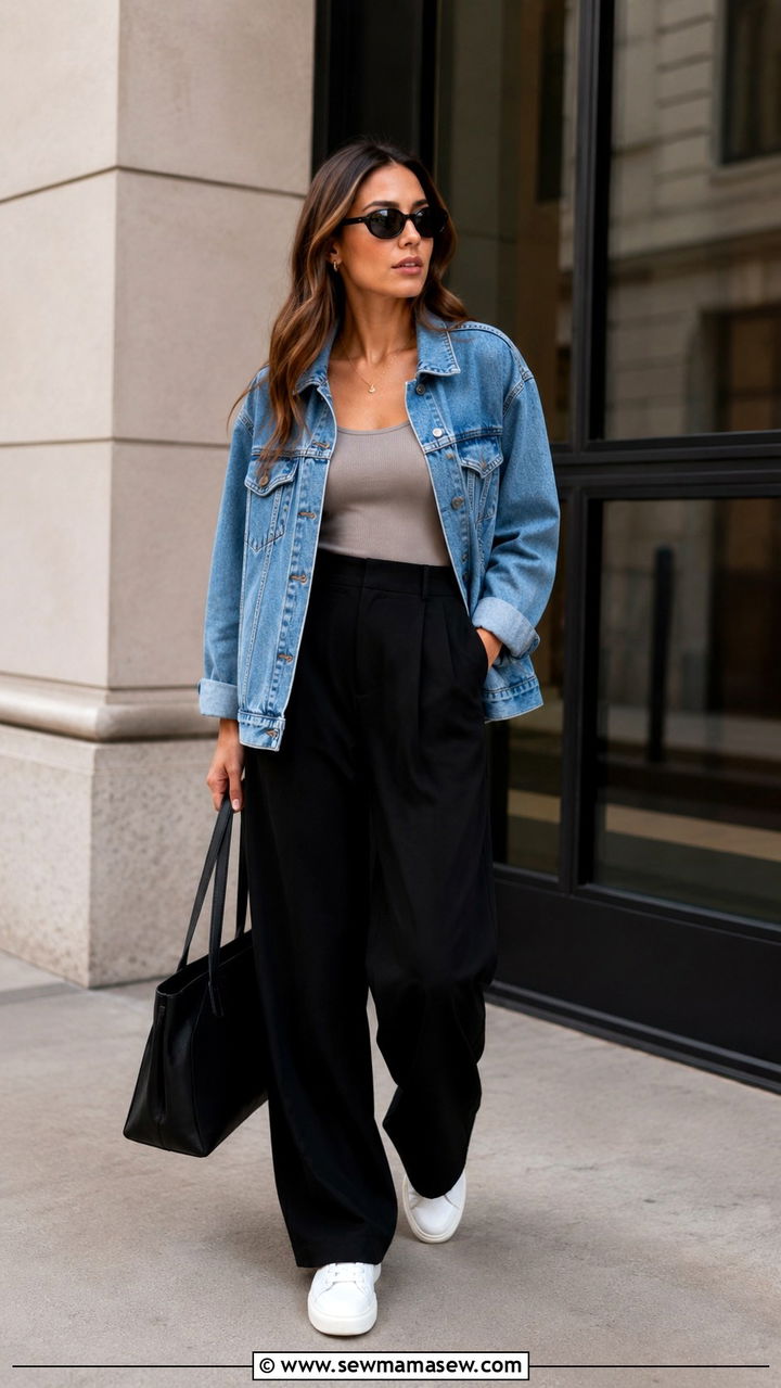 Denim Jacket and Black Tailored Trousers Outfit - 20 May outfit ideas 2026