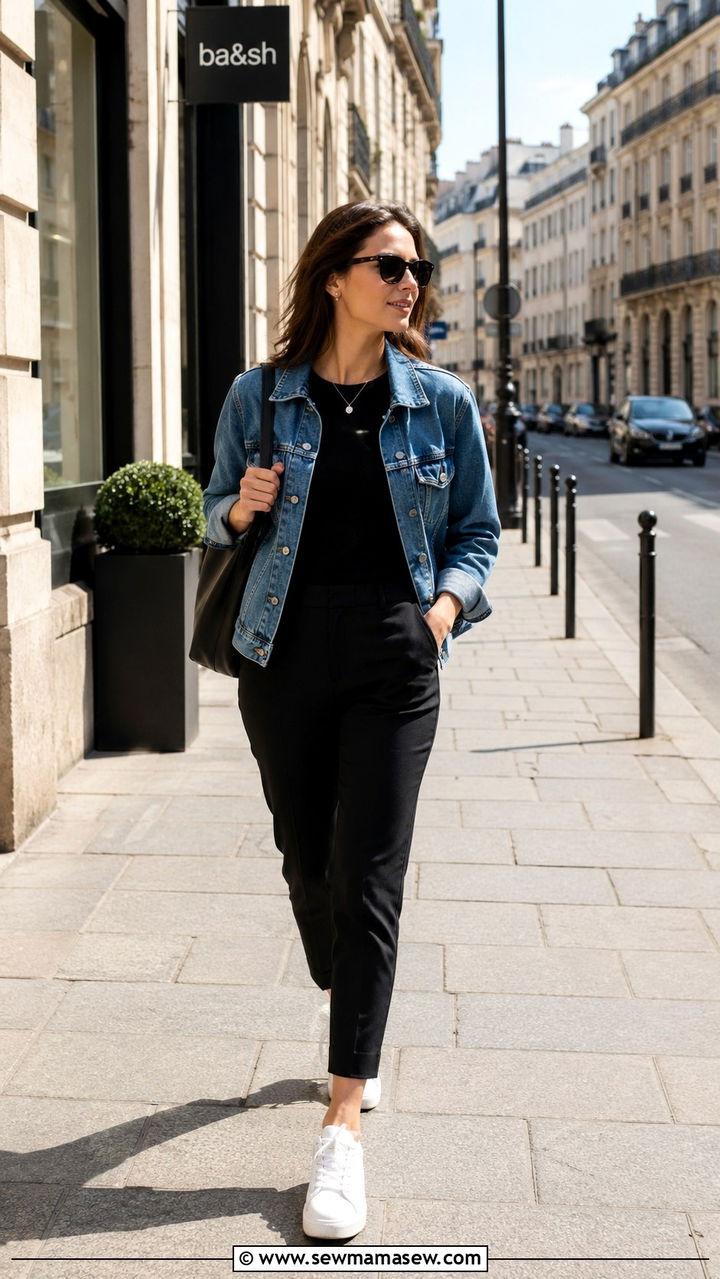 Denim Jacket and Black Trousers Outfit - 20 Spring Europe packing outfits