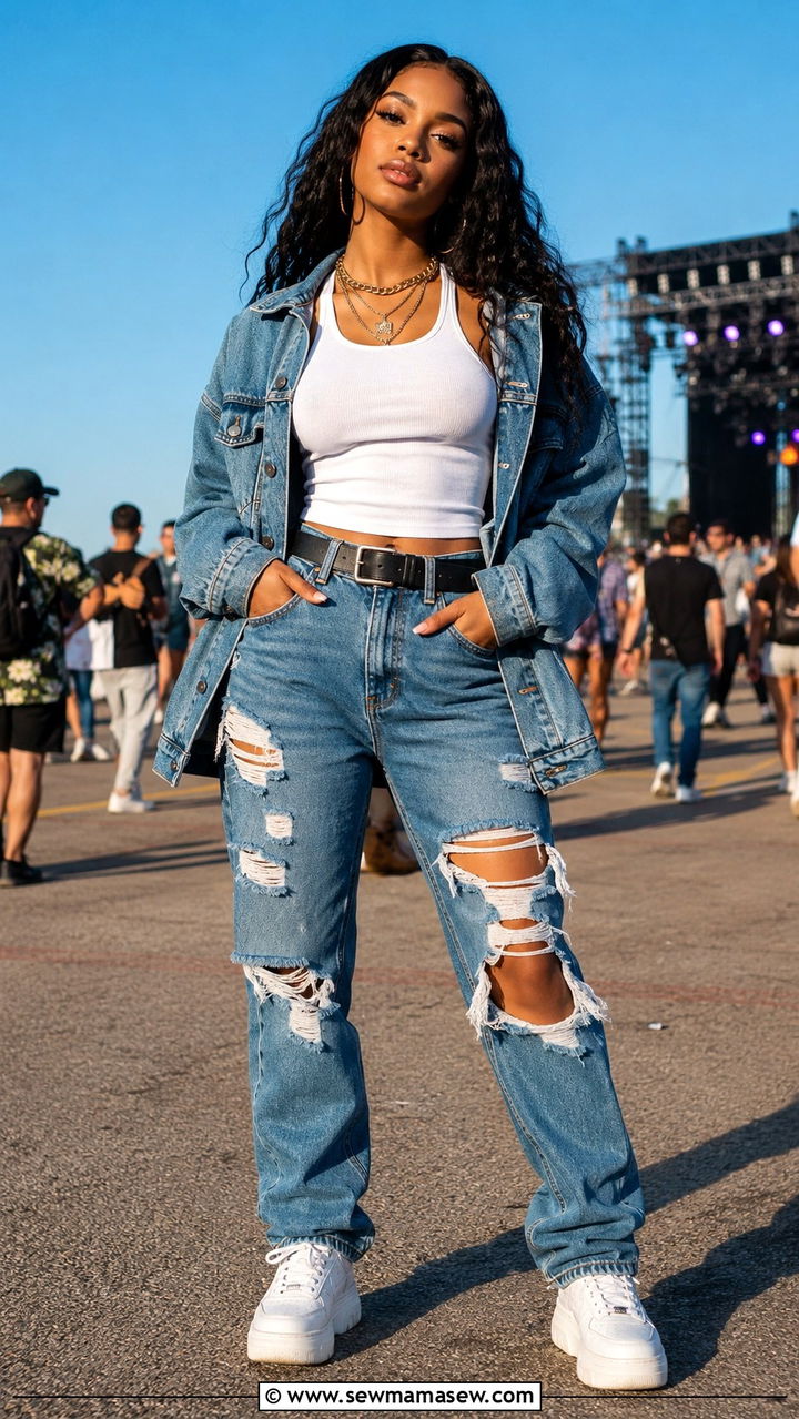 Denim Jacket and Distressed Jeans Outfit - 25 Rolling Loud outfit ideas