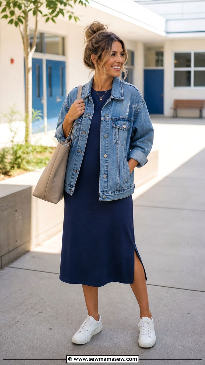 Denim Jacket and Dress Teacher Outfit - 40 Teacher outfit ideas