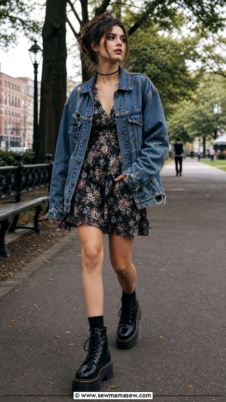 Denim Jacket and Floral Dress Grunge Outfit - 40 grunge outfits for women