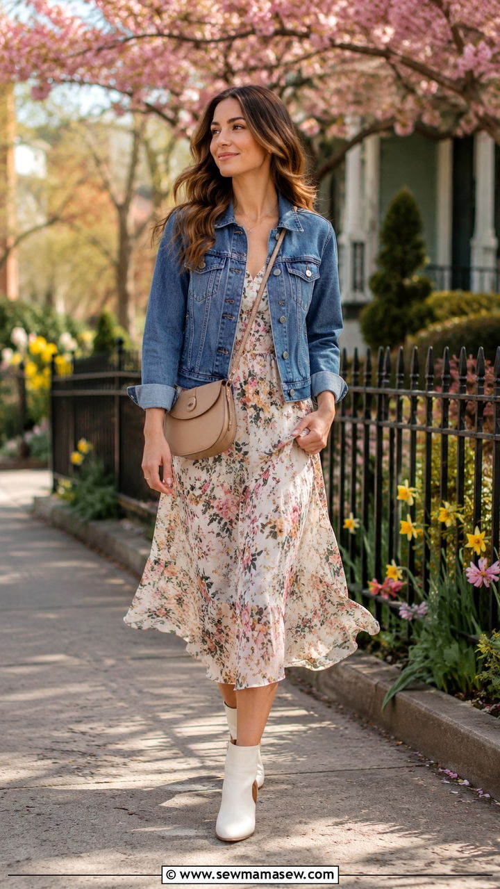 Denim Jacket and Floral Dress for 60 Degree Weather - 20 Spring outfits for 50-60 degree weather