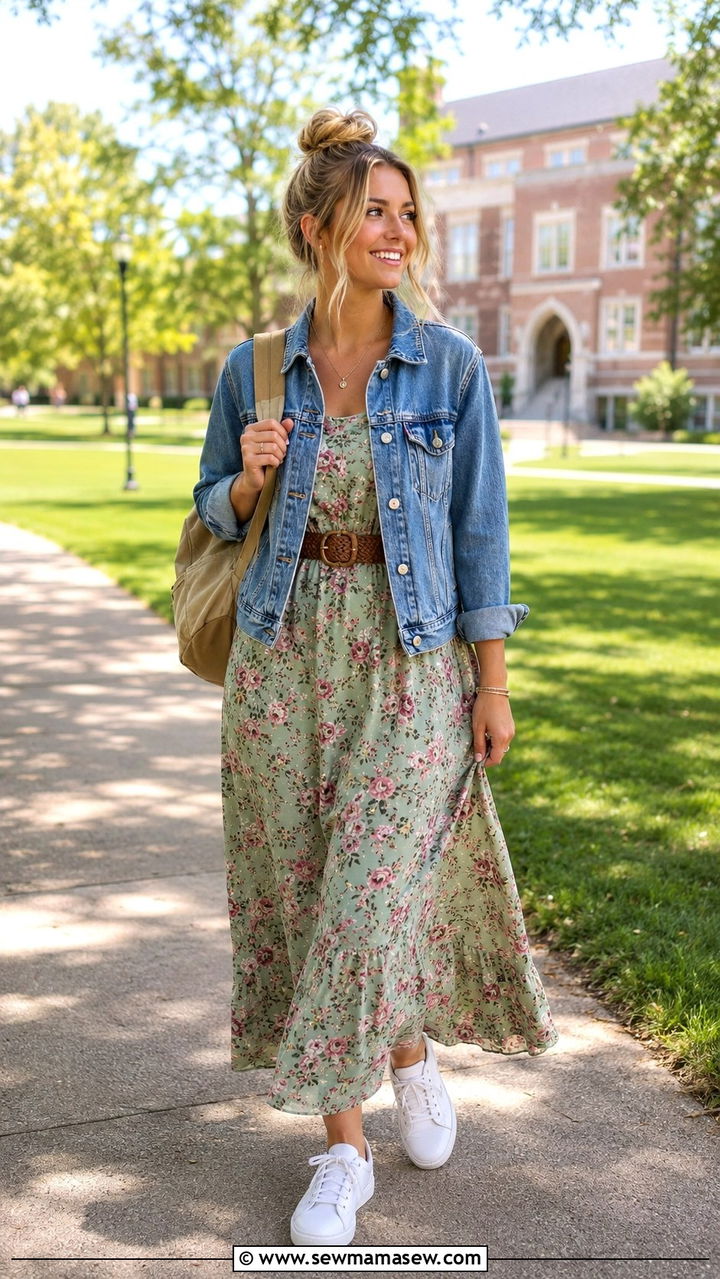 Denim Jacket and Floral Maxi Dress - 30 casual back to school outfits