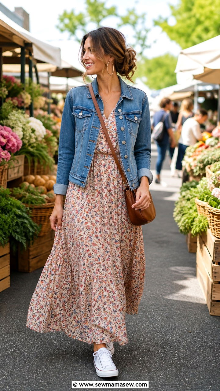 Denim Jacket and Floral Maxi Dress Outfit - 40 Cozy summer outfits