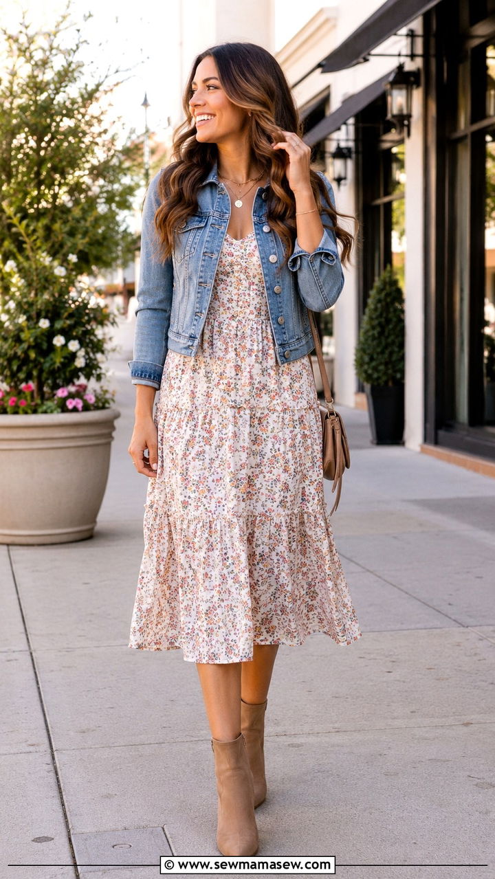 Denim Jacket and Floral Midi Dress Outfit - 20 cute outfits to copy